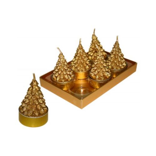 Свечи чайные "Елочки" G.WURM KG, диаметр 4 см, высота 6 см, 6 шт/уп,  золотистые / Подарки и сувениры