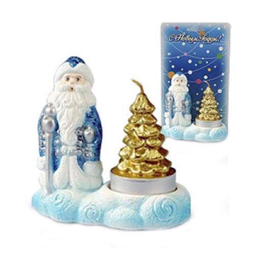 Свеча новогодняя на подсвечнике "Дед Мороз с елкой" Казахстан, цветная / Подарки и сувениры