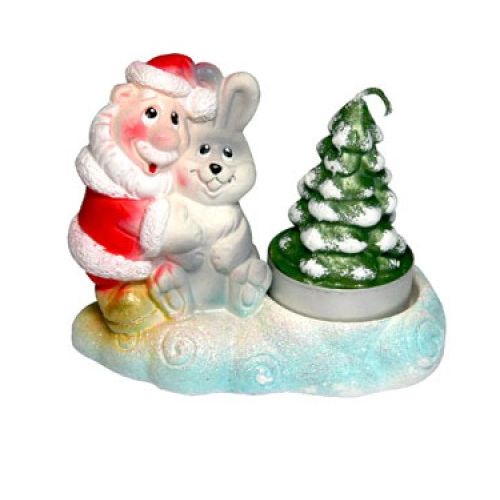 Свеча новогодняя "Дед Мороз с кроликом" Казахстан,  диаметр 9,5 см, высота 8,5 см, цветная / Подарки и сувениры