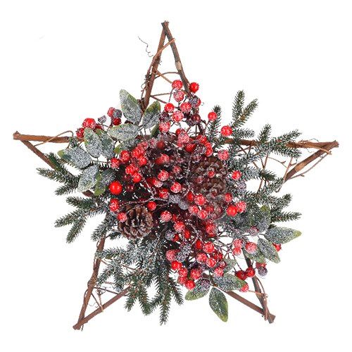 Декор Звезда Kaemingk, с заснеженными ягодами, диаметр 45 см, красно-белый / Новый Год