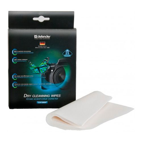 Салфетки чистящие Defender, сухие безворсовые, 12*15 см, 25 шт, белые / Салфетки в тубе