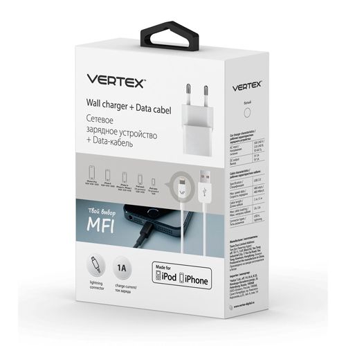 Зарядное устройство сетевое Vertex для iPhone 6/6Plus и iPhone5/5S/5C MFI, белое
