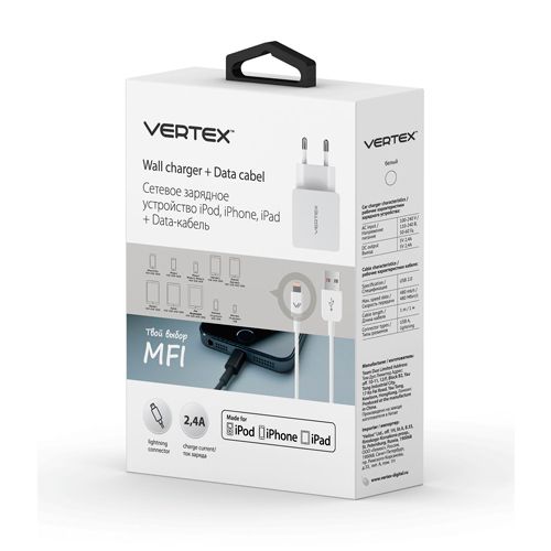 Зарядное устройство сетевое Vertex USB 2,4А для iPhone 6/6Plus и iPhone5/5S/5C MFI, белое