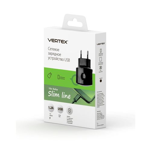 Зарядное устройство сетевое Vertex Slim Line, USB, 1000-1200 mA, черное