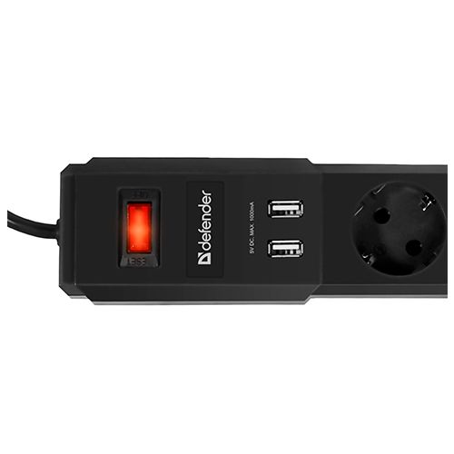 Сетевой фильтр Defender DFS 453, 5 розеток, 3 м, 2 USB порта, черный / Сетевые фильтры №2