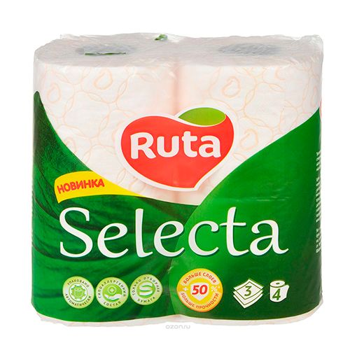 Туалетная бумага рулонная Ruta Selecta, 15 метров, 3- х слойная, 4 рулона, ассорти / Бумага туалетная бытовая