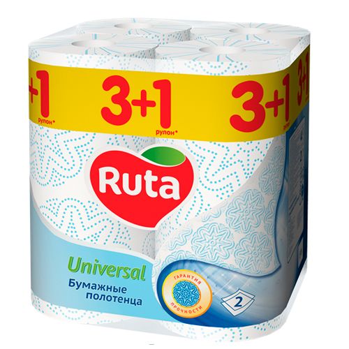 Бумажные полотенца Ruta "Universal", 2-х слойные, 4 рулона в упаковке, белый, голубой / Полотенца бытовые