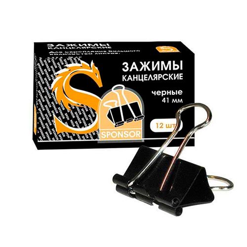 Зажимы для бумаг Sponsor, 41 мм, 12 шт., черные / Зажимы для бумаг