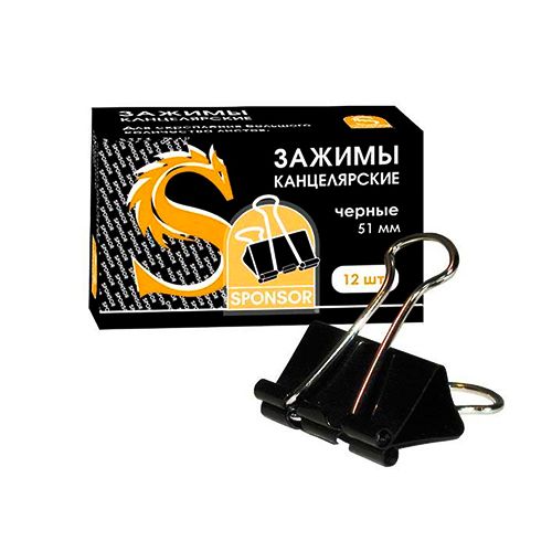 Зажимы для бумаг Sponsor, 51 мм, 12 шт., на 230 листов, черные / Зажимы для бумаг