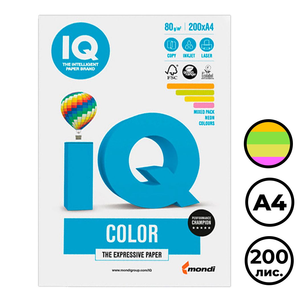 IQ Color Neon қағазы, А4, 80 г/м2, 200 парақ, 4 түс