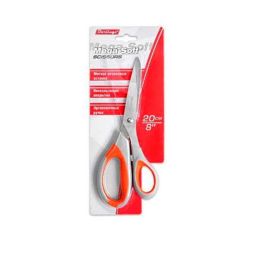Ножницы Berlingo MEGA SOFT 20 см нерж. сталь, в блистере с европодвесом / Ножницы
