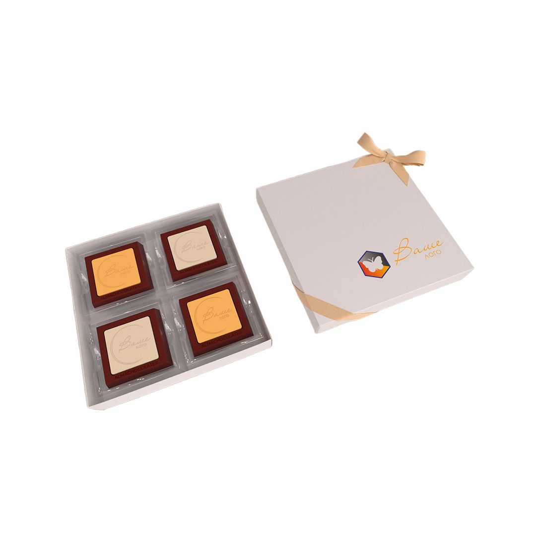 Шоколадная конфета Alma Chocolates, брендирование, 4 плитки, 80 гр, 129*129*25 мм / Шоколад oe.kz Шоколадная конфета Alma Chocolates, брендирование, 4 плитки, 80 гр, 129*129*25 мм / Шоколад