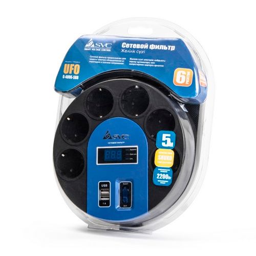 Сетевой фильтр SVC "UFO G-4006-5BB", 6 розеток, 5 м, черно-синий / Сетевые фильтры №3 oe.kz Сетевой фильтр SVC "UFO G-4006-5BB", 6 розеток, 5 м, черно-синий / Сетевые фильтры №3