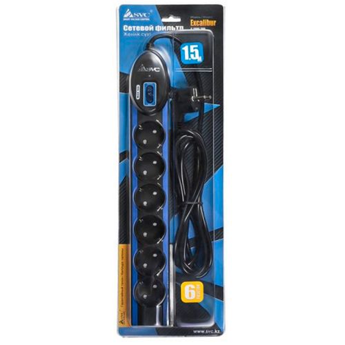 Сетевой фильтр SVC "Excalibur G-2006-1.5BB", 6 розеток, 1,5 м, черно-синий / Желілік сүзгілер №3
