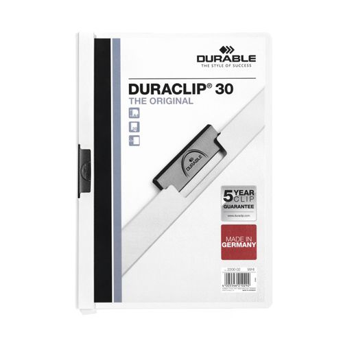 Папка Durable Duraclip 30 с боковым клипом, А4 формат, 30 листов, белая / Папки с клипом