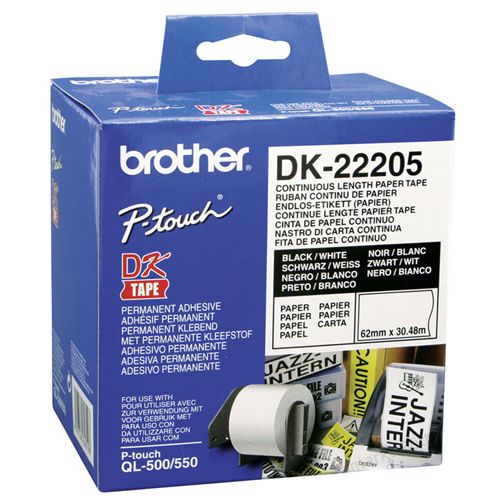 Тұтас қағазды таспа Brother DK22205, ені 62 мм, ұзындығы 30,48 м, ақ