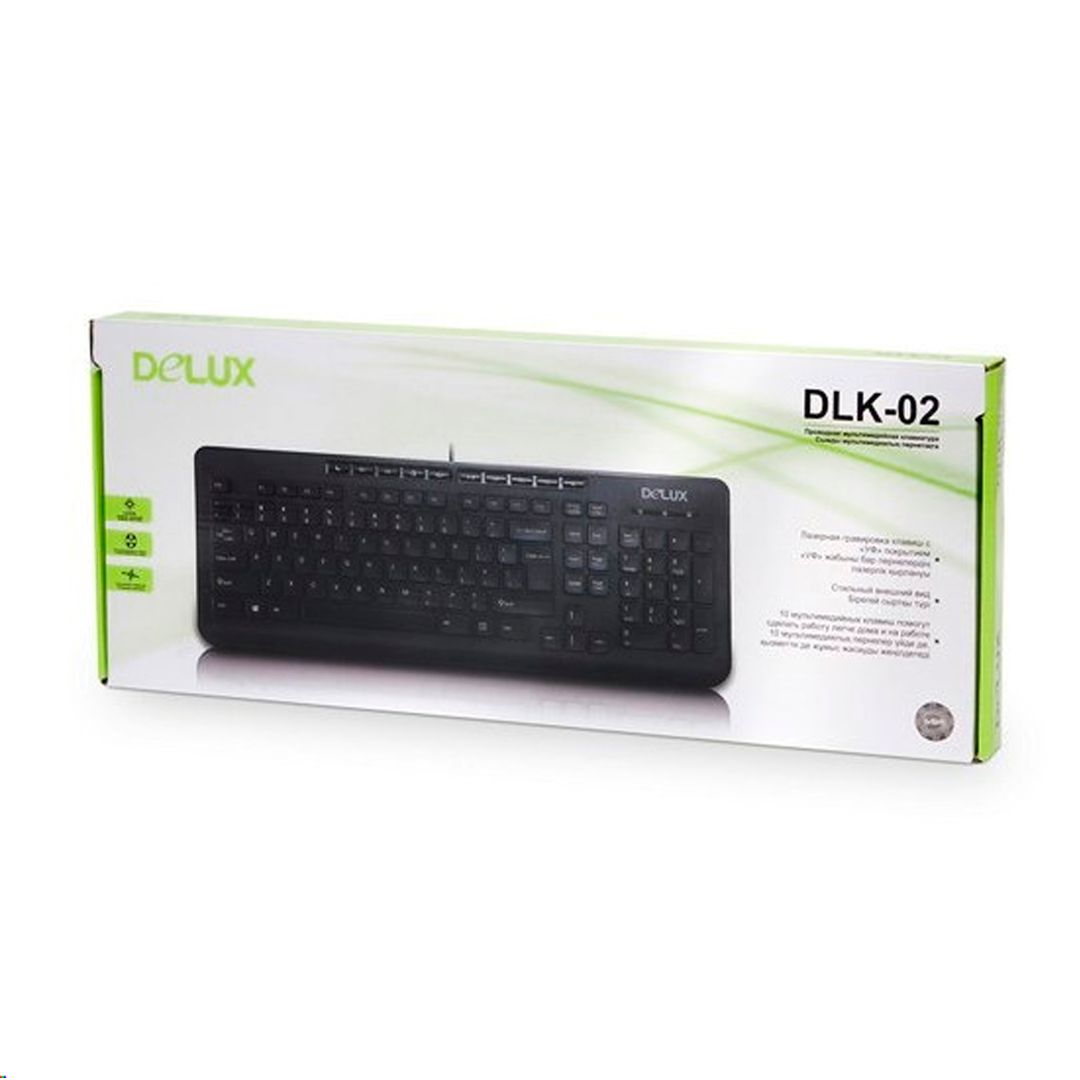 Клавиатура проводная Delux DLK-02UB, USB, ENG/RUS/KAZ, 10 мультимедиа клавиш, черная