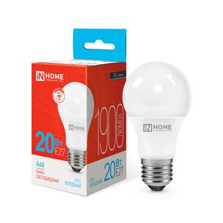 Лампа светодиодная In Home LED-A60-VC, 20 Вт, 6500K, холодный белый, E27, форма груша / Лампочки сменные	