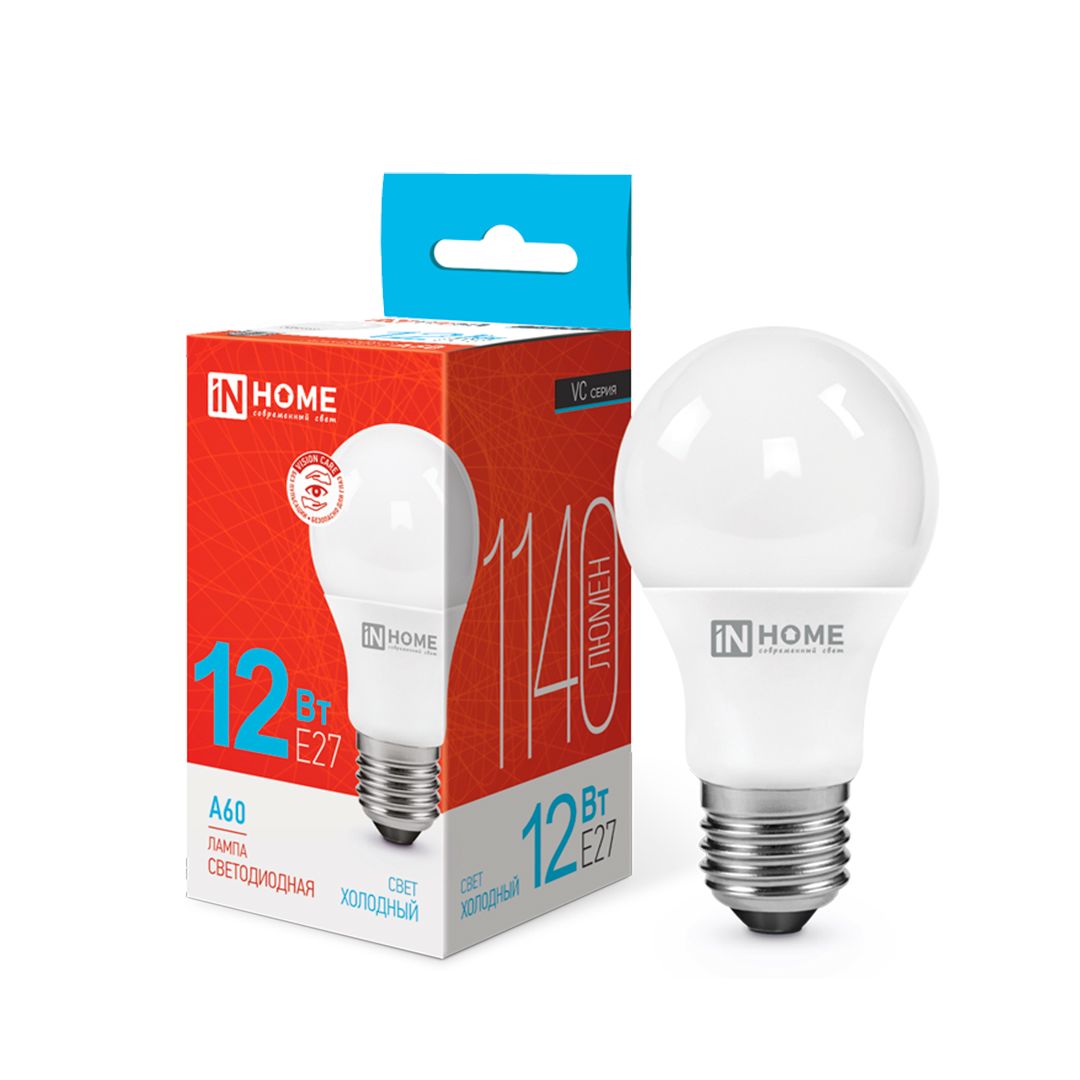 Жарықдиодты лампа In Home A60-deco-VC, LED, 1140Лм, 12W, E27, 6500K, суық ақ, груша тәріздес