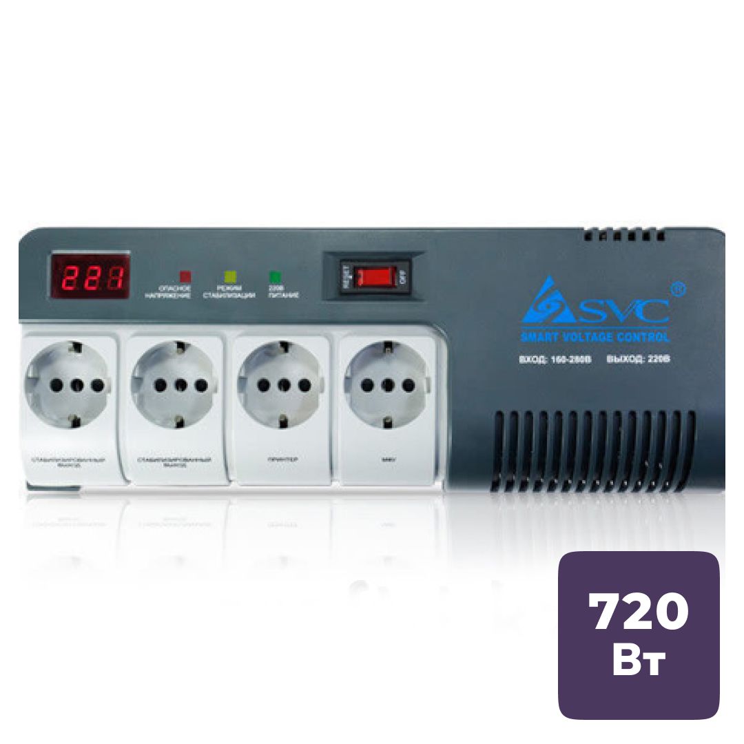 Стабилизатор напряжения SVC AVR-1012-G, 1200ВА/720Вт, 4 розетки, серый / Источники бесперебойного питания oe.kz Стабилизатор напряжения SVC AVR-1012-G, 1200ВА/720Вт, 4 розетки, серый / Источники бесперебойного питания