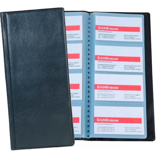 Визитница 4-х рядная Erich Krause на 128 визиток, 120*245 мм, гладкая кожа, черная / Визитницы настольные