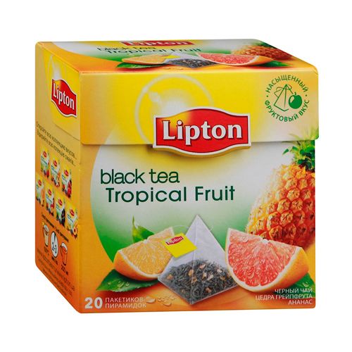 Чай Lipton "Tropical Fruit", черный фруктовый, 20 пакетиков по 1,7 г, с ярлычками / Чай пакетированный