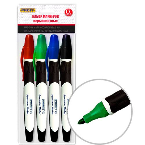 Набор маркеров перманентных Proff, 4 цвета, прорезиненный корпус / Маркеры перманентные нестираемые