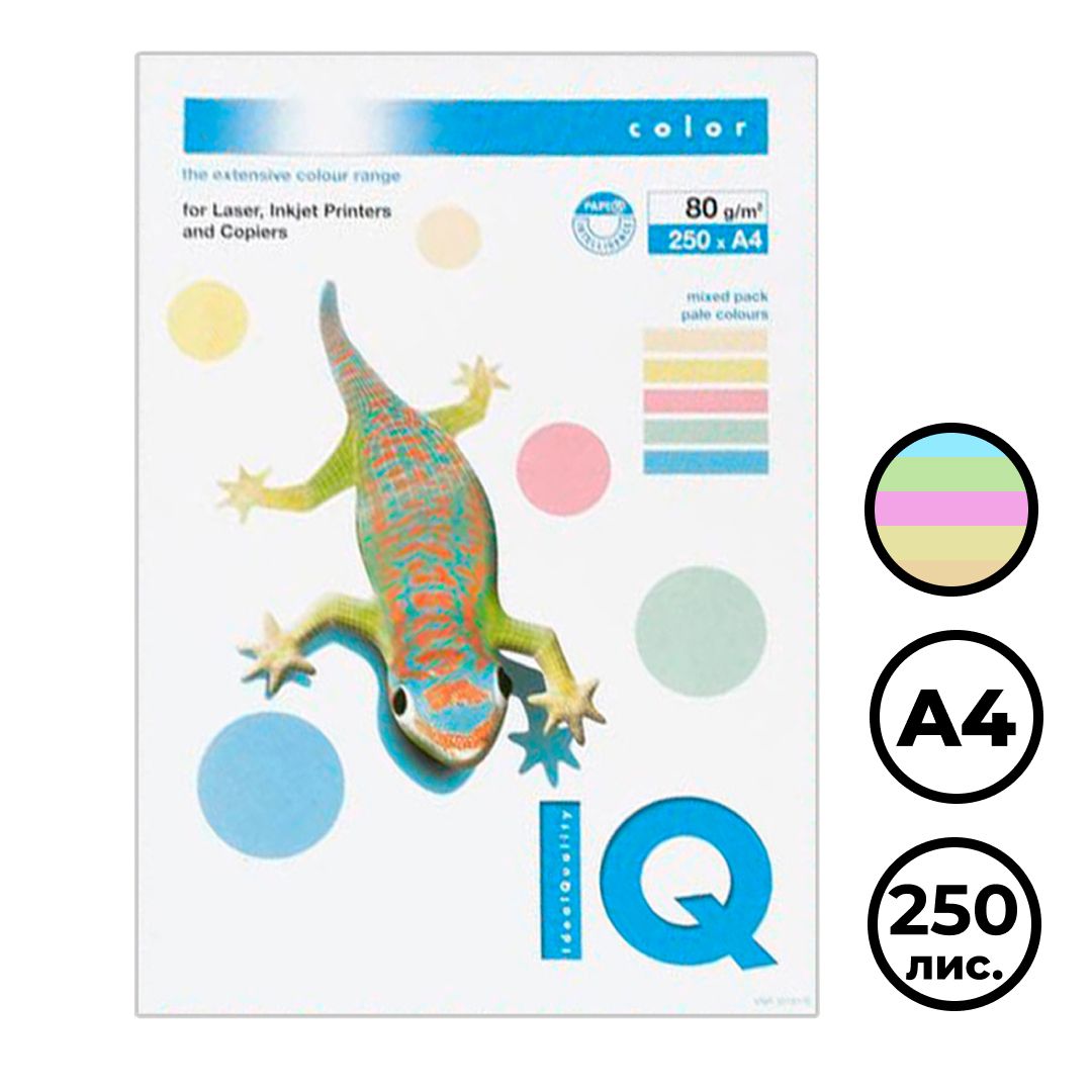 Бумага IQ Color Pastel, А4, 80 г/м2, 250 листов, 5 пастельных цветов  / Бумага цветная
