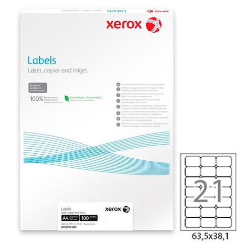 Этикетка самоклеящаяся Xerox Labels, A4, размер 63,5*38,1 мм, 21 этикетка, матовая, 100 листов / Самоклеящиеся этикетки универсальные