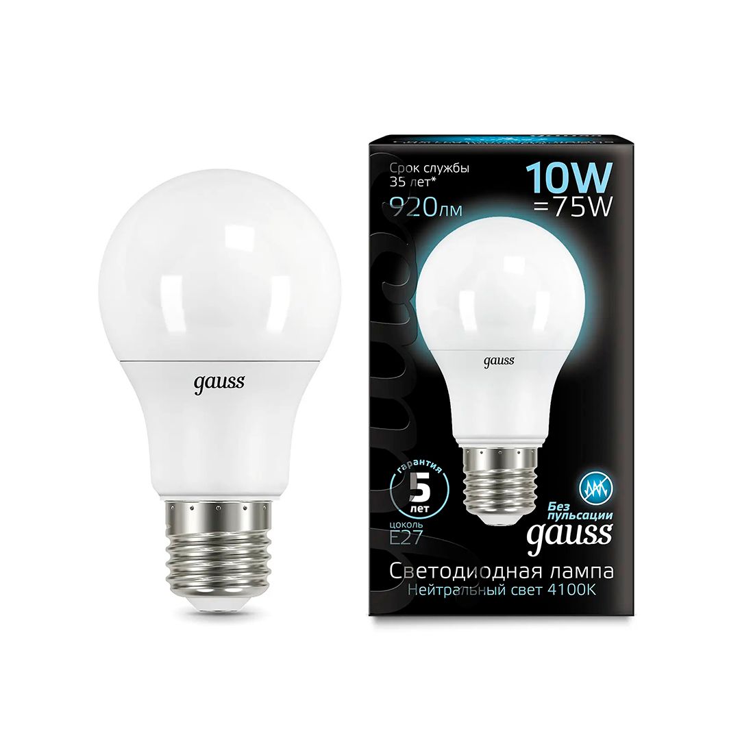 Жарықдиодты лампа Gauss A60, LED, 920Лм, 10W, E27, 4100K, бейтарап ақ, алмұрт тәріздес