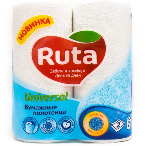 Бумажные полотенца Ruta "Universal", 2-х слойные, 2 рулона в упаковке, белый, голубой / Полотенца бытовые