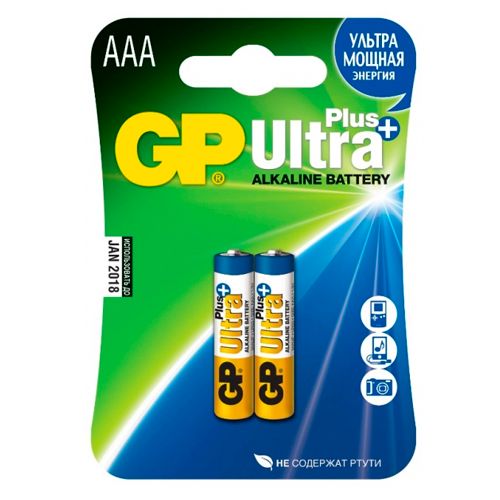 Батарейки GP Ultra Plus мизинчиковые АAA LR03 24AUP, 1.5V, алкалиновые, 2 шт./уп, цена за упаковку / Батарейки