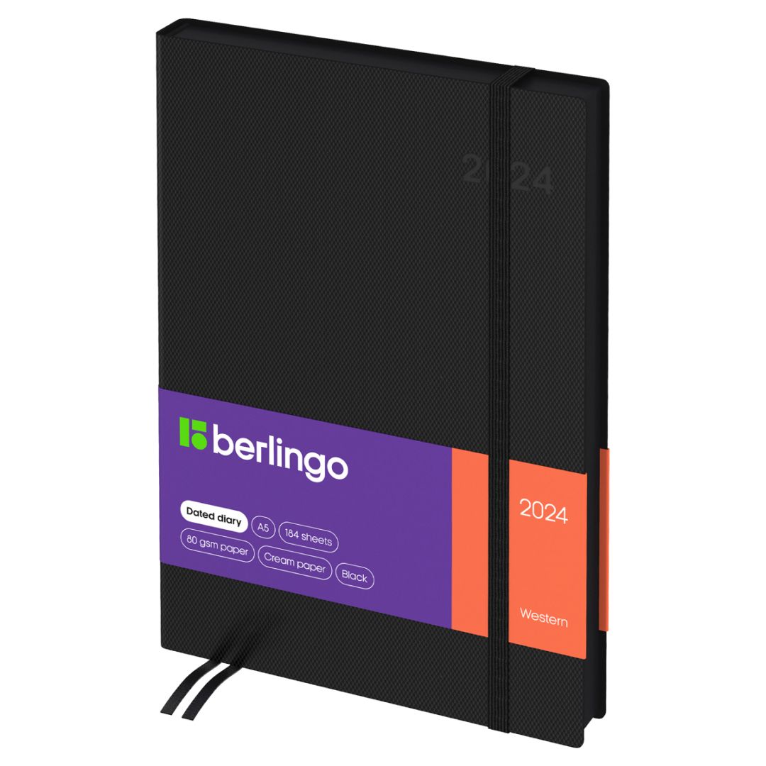Ежедневник датированный Berlingo "Western", 2024 г., А5, 184 л., кожзам, с резинкой, черный / Ежедневники датированные