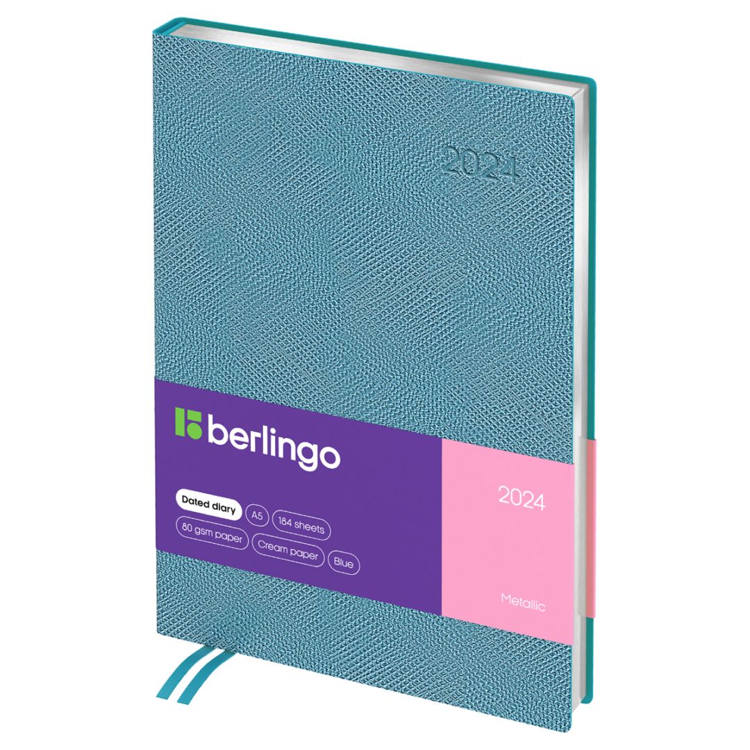 Ежедневник датированный Berlingo "Metallic", 2024 г., А5, 184 л., кожзам, голубой / Ежедневники датированные
