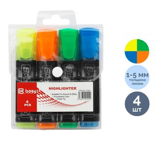 Мәтін бөлектеуіш маркерлер жинағы Basy "HT801", ұшы қиғашталған 1-5 мм, 4 түс / Мәтін бөлектеуіштер