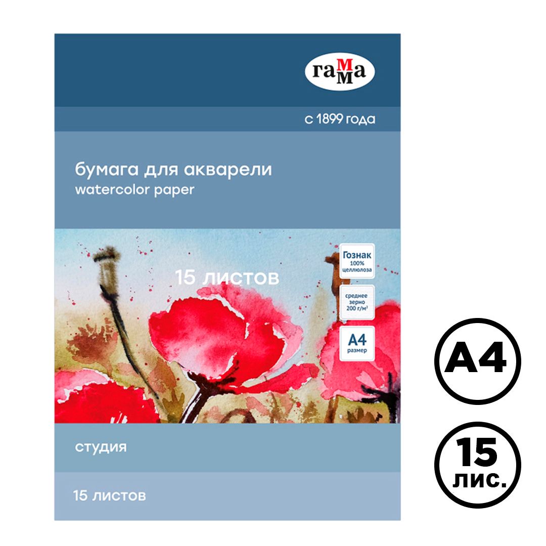 Папка для акварели А4, Гамма "Студия", 15 л