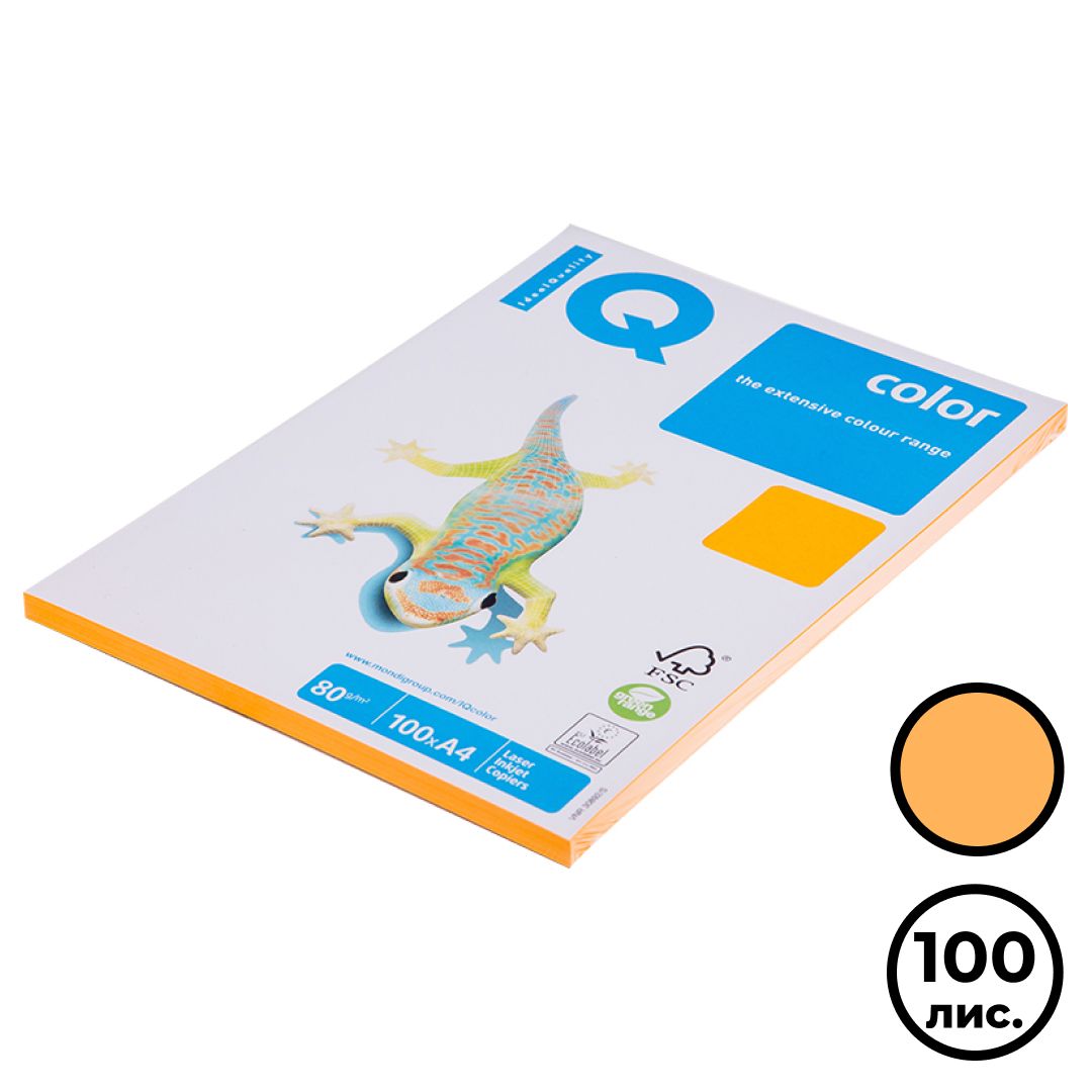 Бумага IQ Color Neon, А4, 80 г/м2, 100 листов, оранжевый неон / Бумага цветная