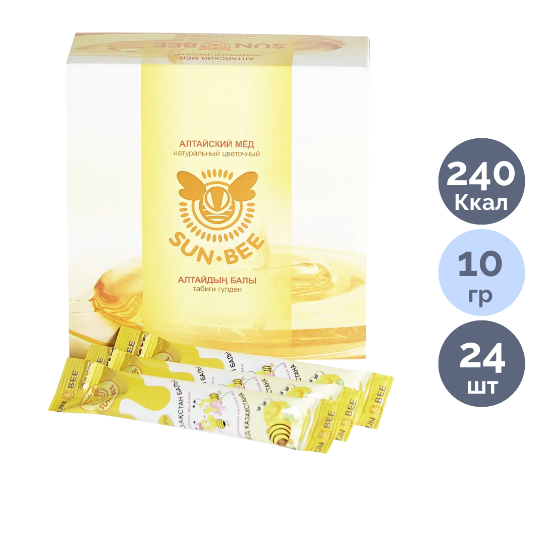 Мёд порционный Sun Bee "Алтайский", натуральный, в стиках, 10 гр, 24 шт/упак / Мед, варенье, сиропы