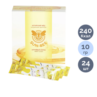 Мёд порционный Sun Bee "Алтайский", натуральный, в стиках, 10 гр, 24 шт/упак / Мед, варенье, сиропы