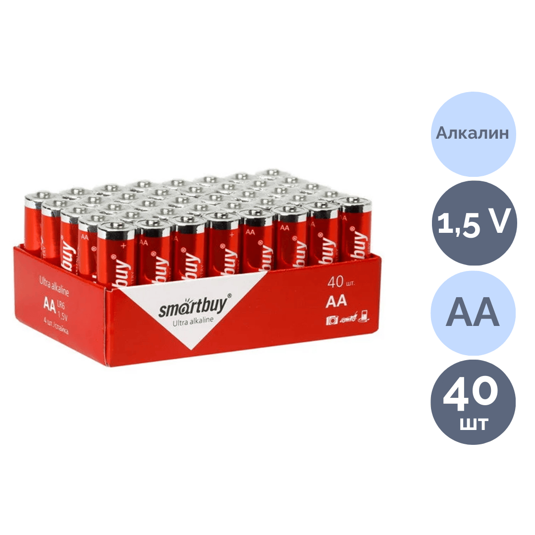 Батареялар Smartbuy саусақты АA LR6 15A, 1.5V, алкалин, 40 дана/қапт, баға қаптамасы үшін / Батареялар