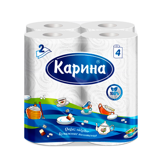Қағаз сүлгілер Карина, 2 қабатты, қаптамада 4 орам, ақ / Тұрмыстық сүлгілер