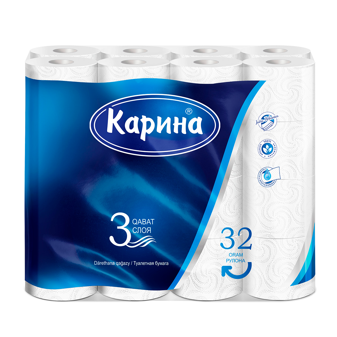 Туалетная бумага рулонная Карина, 3-х слойная, 32 рулона, белая / Бумага туалетная бытовая