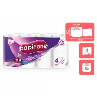 Орамадағы дәретхана қағазы Papirone "Velvet Aroma", 4 қабатты, 8 орам, ақ / Тұрмыстық дәретхана қағаздары