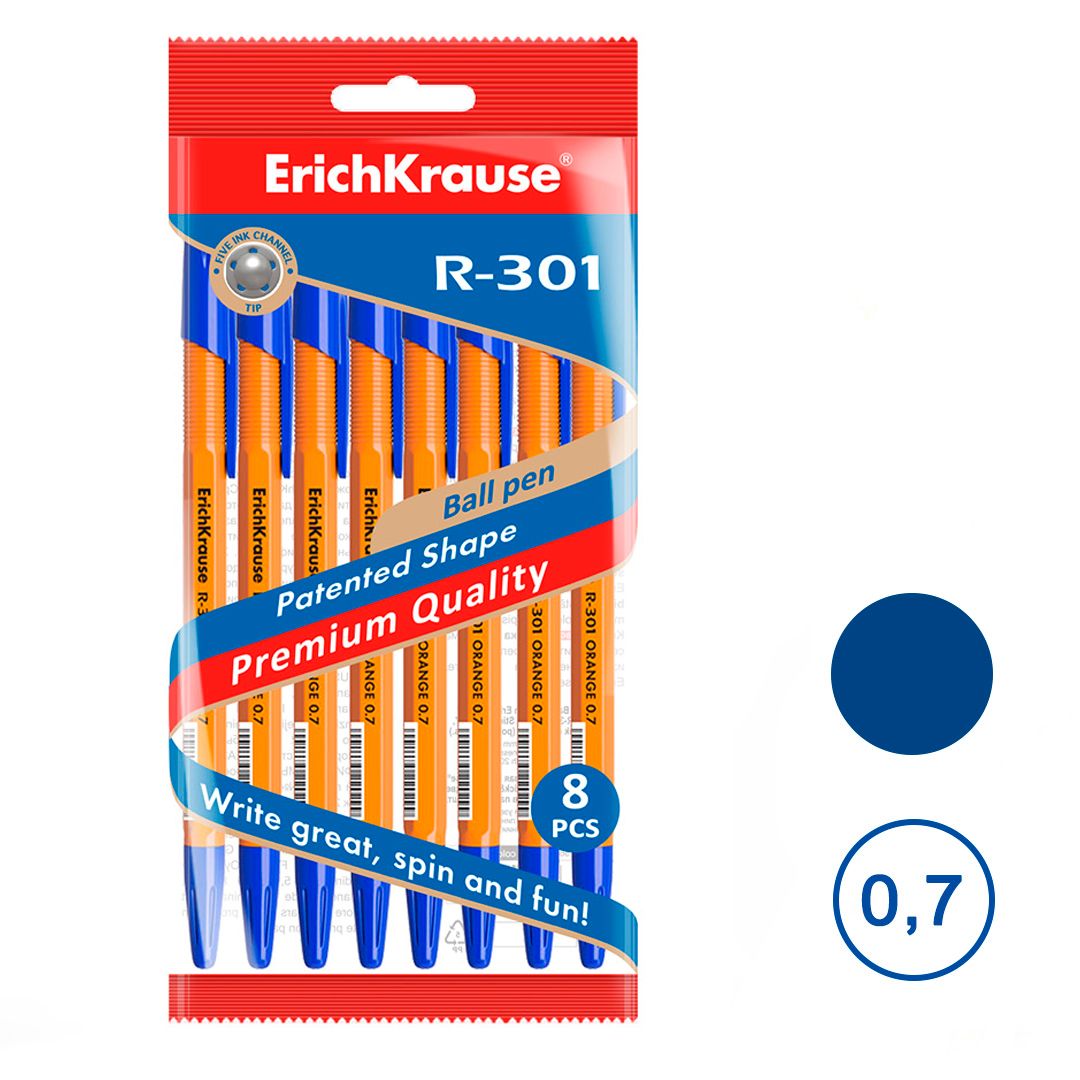 Ручка шариковая Erich Krause "R-301" Orange Stick, 0,7 мм, синяя, 8 шт. в упаковке / Наборы шариковых ручек