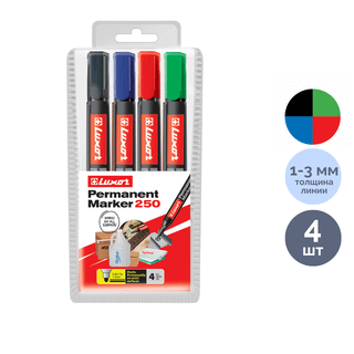 Перманентті маркерлер жинағы Luxor "250", ұшы оқ тәріздес, 1-3 мм, 4 дана, баға қапт. үшін / Перманентті өшірілмейтін маркерлер
