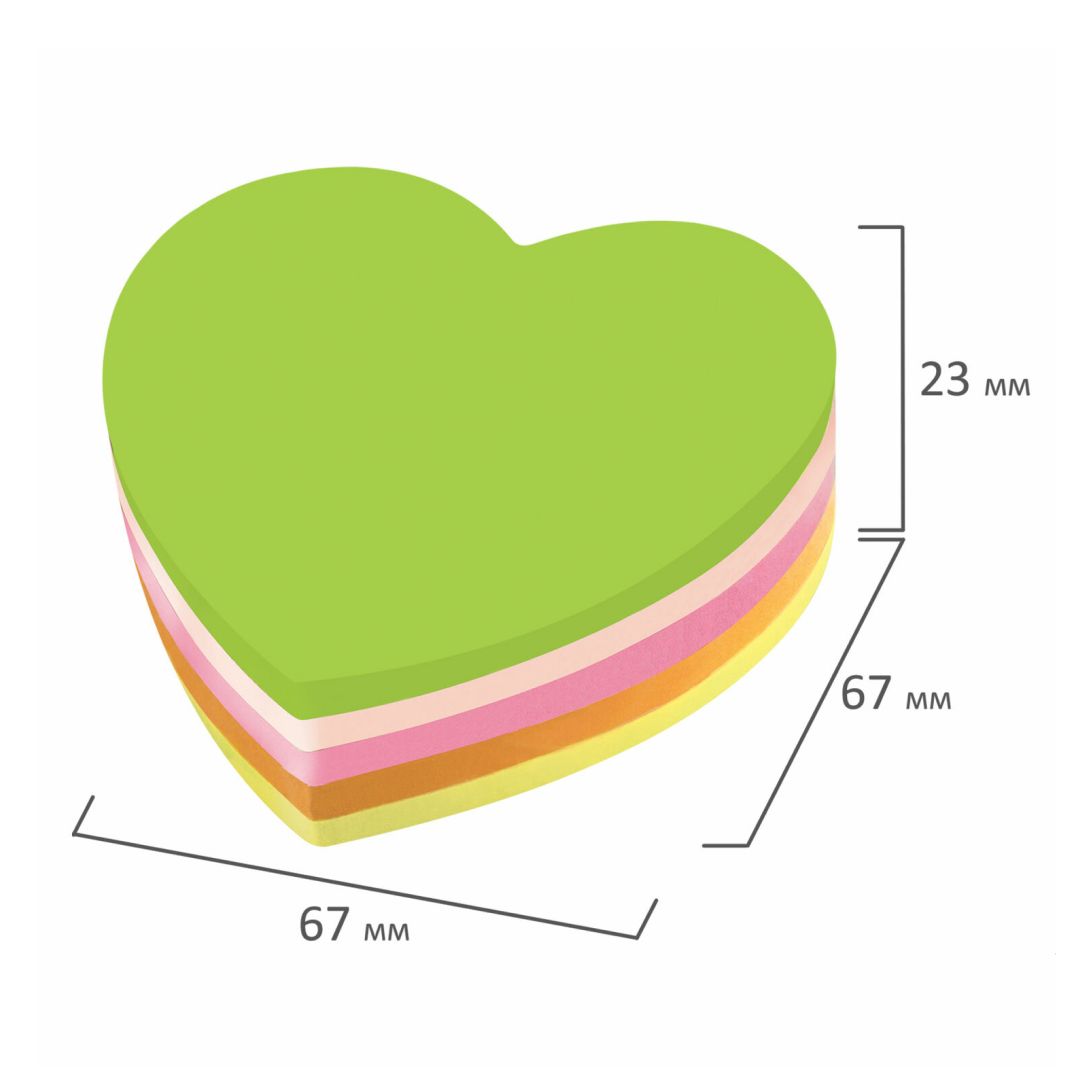 Блок самоклеящийся фигурный Brauberg "Сердце", 250 листов, 67*67 мм, 5 неоновых цветов