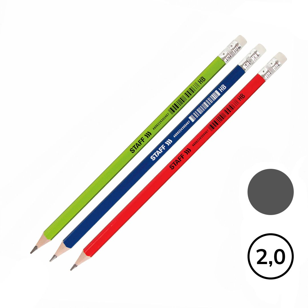 Карандаш чернографитный Staff "Basic" BLP-744 HB, пластиковый, заточенный с ластиком / Карандаши чернографитные