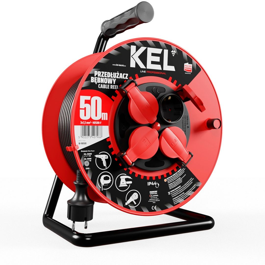Удлинитель на катушке Kel W-98500, 4 гнезда, 50 м, с заземлением, красный / Удлинители, тройники