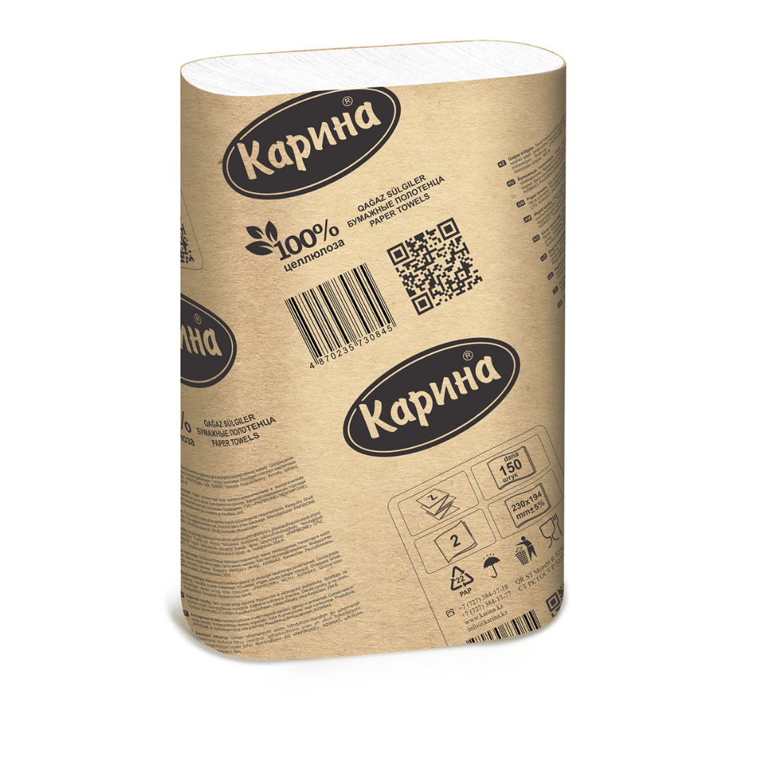 Полотенца бумажные Карина, 150 шт, 2-х слойные, 23*19,4 см, сложение Z, белые / Полотенца для диспенсеров oe.kz Полотенца бумажные Карина, 150 шт, 2-х слойные, 23*19,4 см, сложение Z, белые / Полотенца для диспенсеров