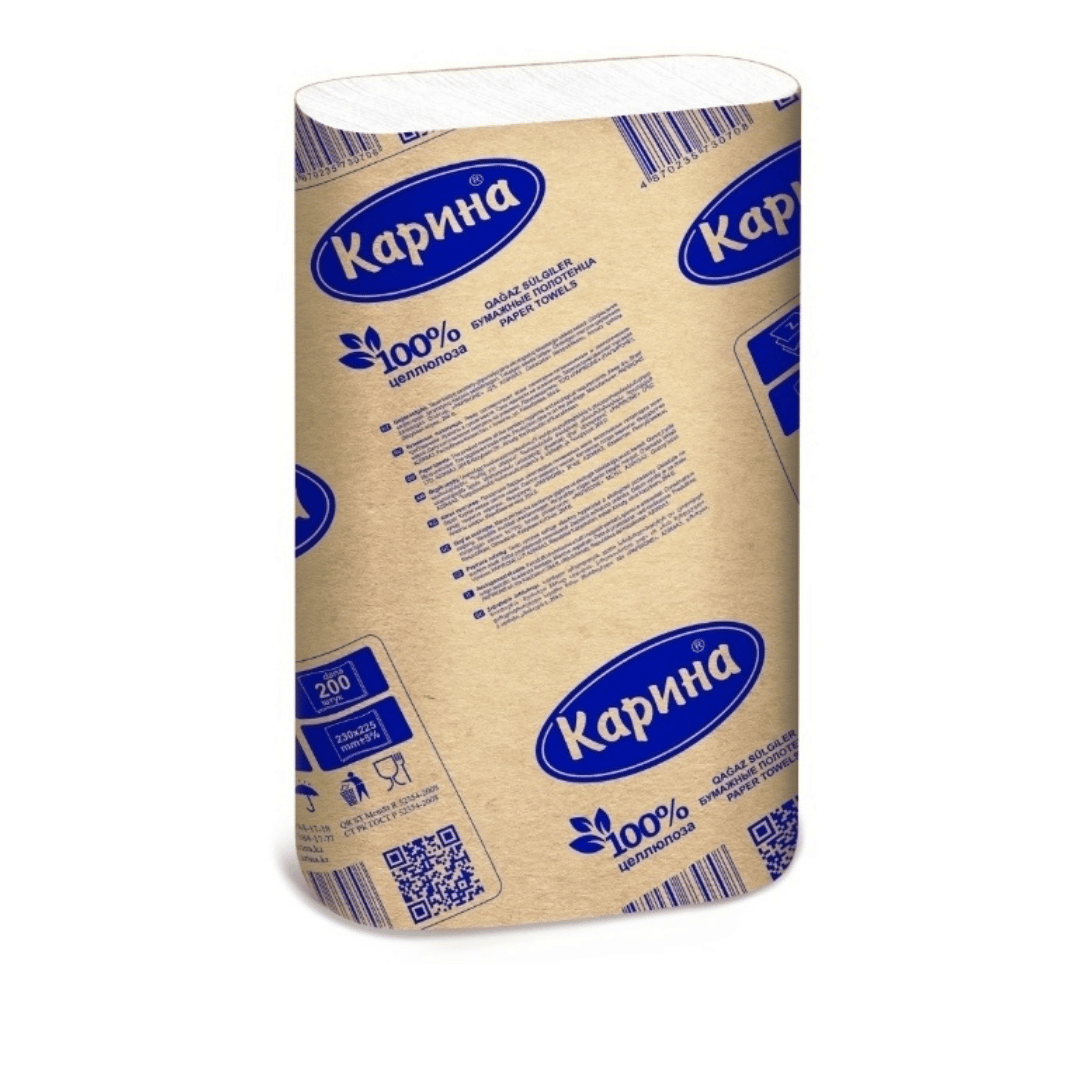 Полотенца бумажные Карина, 200 шт, 2-х слойные, 23*22,5 см, сложение Z, белые / Полотенца для диспенсеров oe.kz Полотенца бумажные Карина, 200 шт, 2-х слойные, 23*22,5 см, сложение Z, белые / Полотенца для диспенсеров